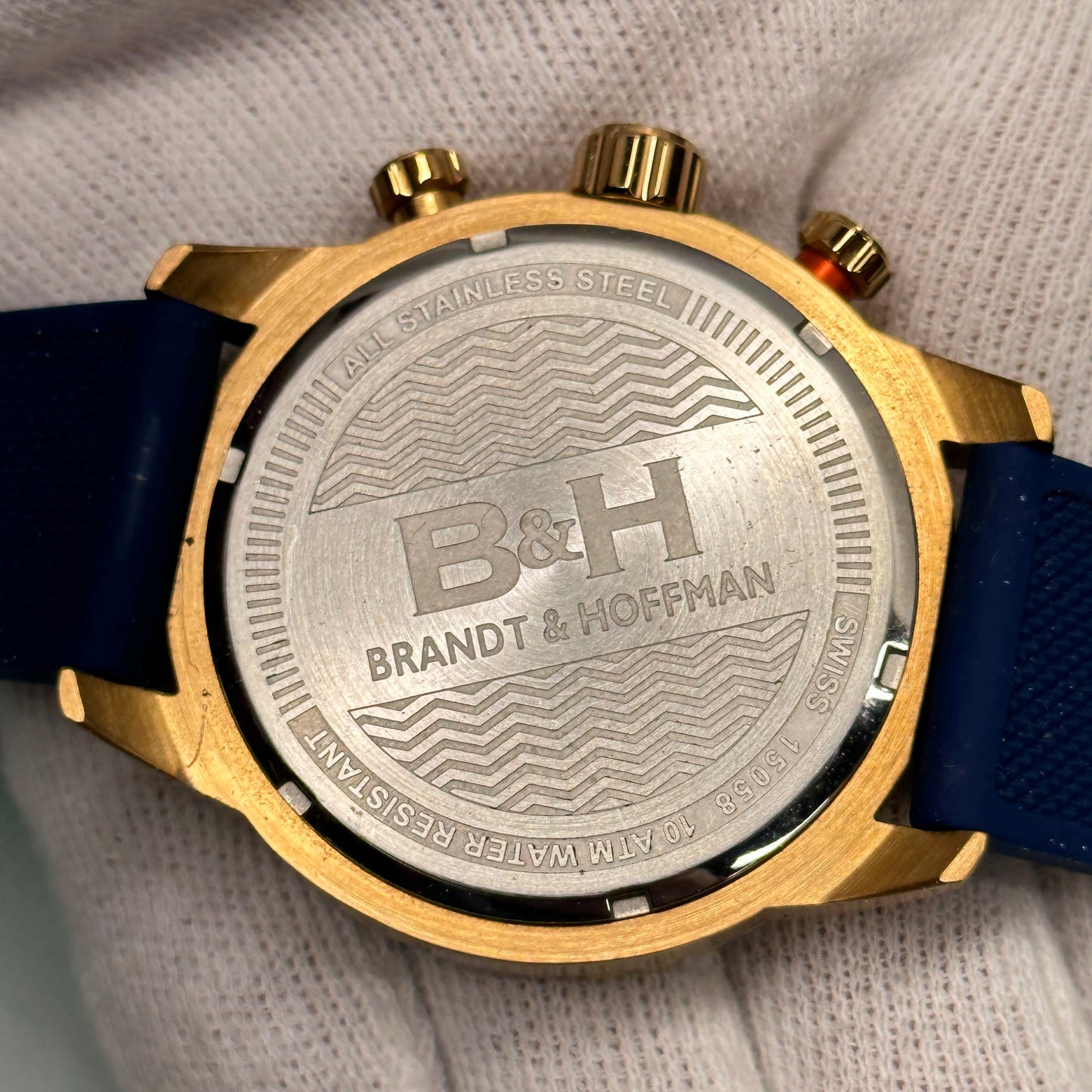 Brandt & Hoffman Bayliss Mens Gold Trim Dive Watch w/ Blue Silicone Strap and Pepsi Bezel