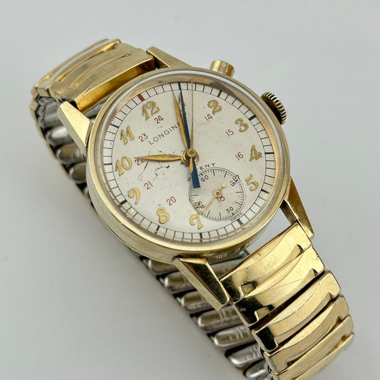 Longines Monopusher Flyback Chronograph 10k Gold Wind Up 31mm Watch c. 1953