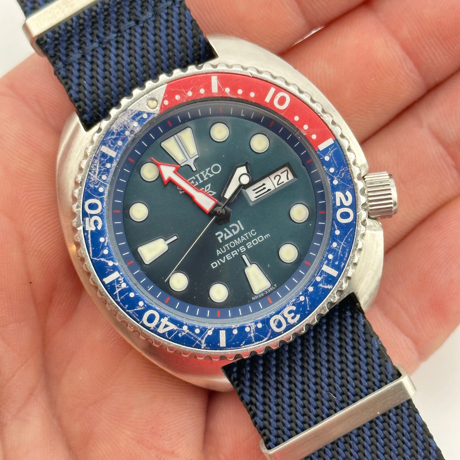 Seiko Prospex PADI Air Diver 200m Automatic JDM Watch with Custom Navy Blue NATO strap