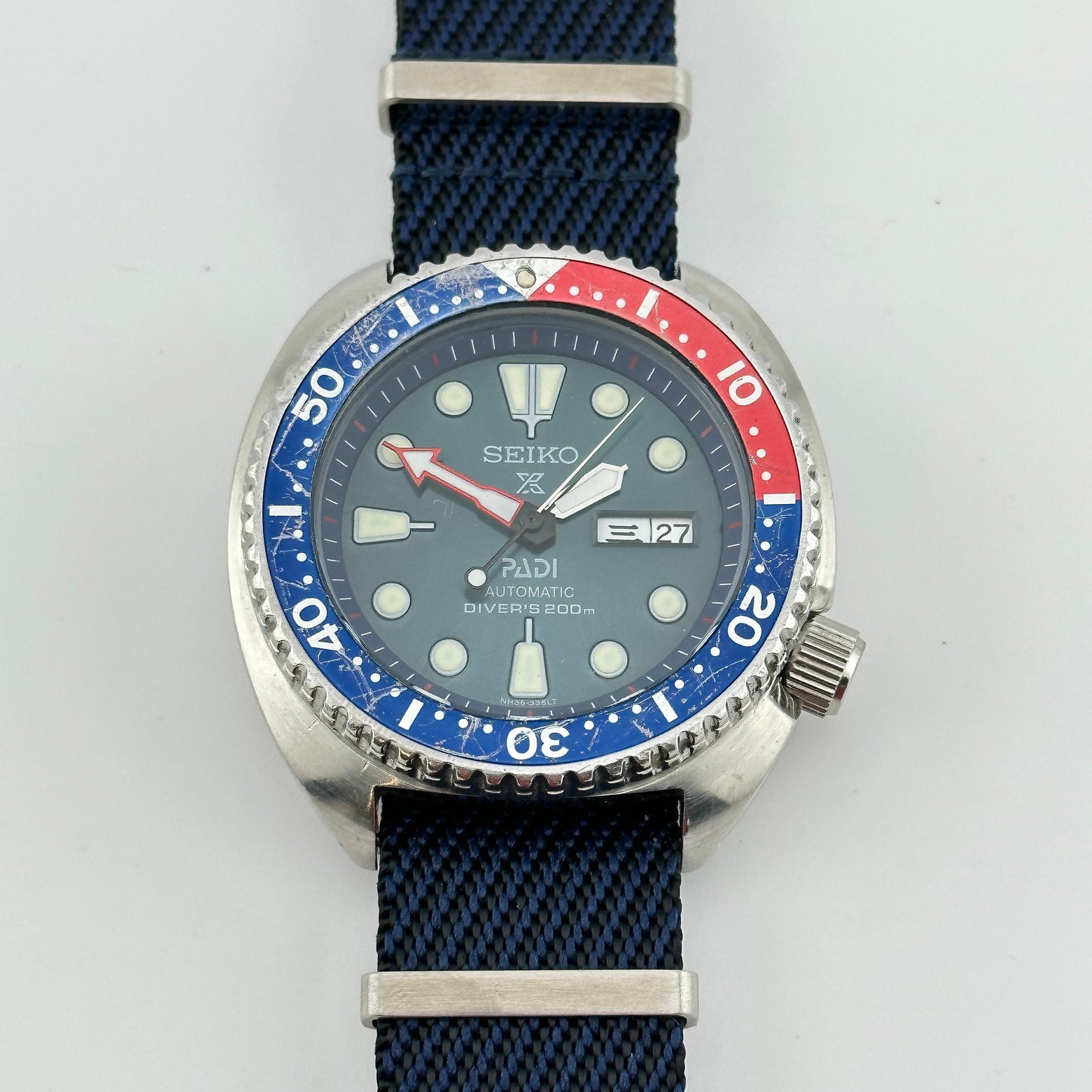 Seiko Prospex PADI Air Diver 200m Automatic JDM Watch with Custom Navy Blue NATO strap