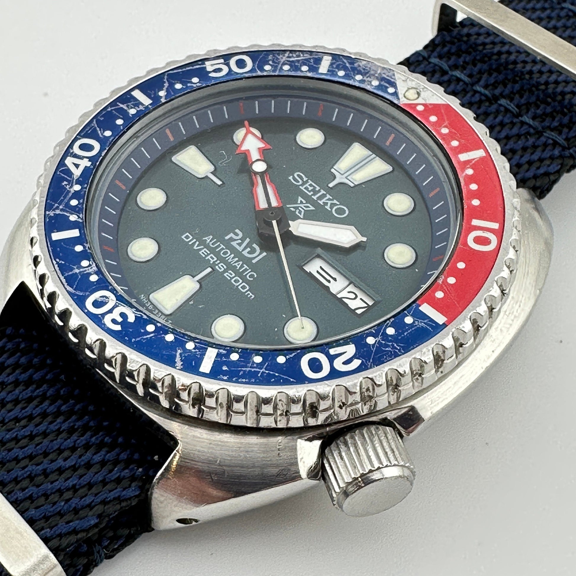 Seiko Prospex PADI Air Diver 200m Automatic JDM Watch with Custom Navy Blue NATO strap