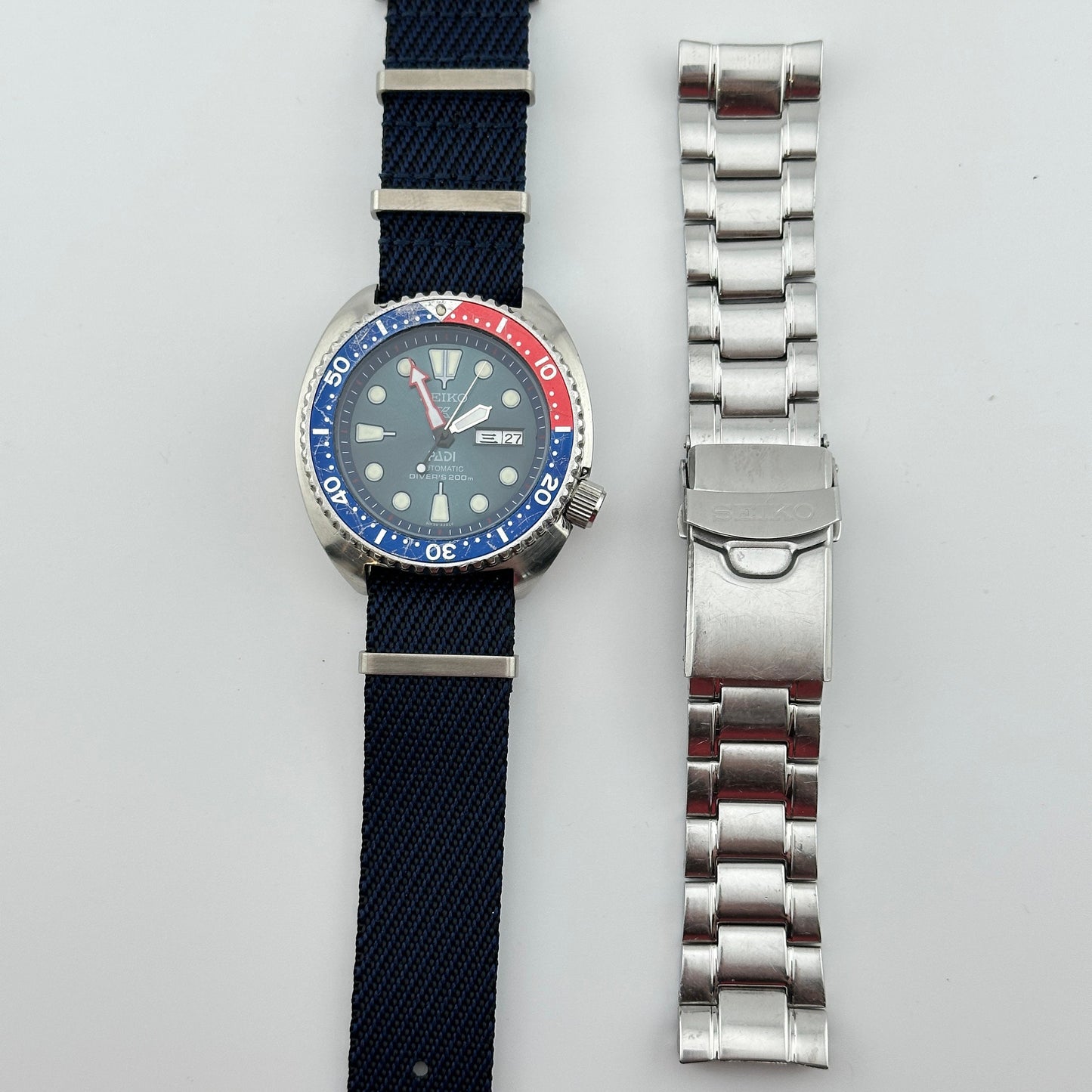 Seiko Prospex PADI Air Diver 200m Automatic JDM Watch with Custom Navy Blue NATO strap