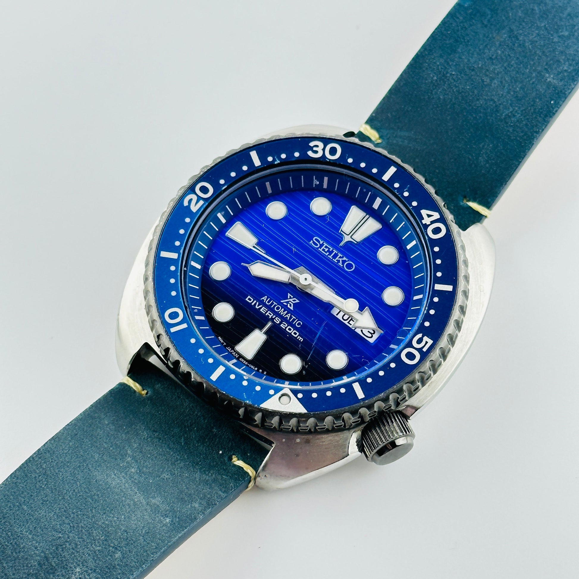 Seiko Prospex PADI Air Diver Ocean Special Edition 200m Automatic Watch with Custom Blue Leather strap