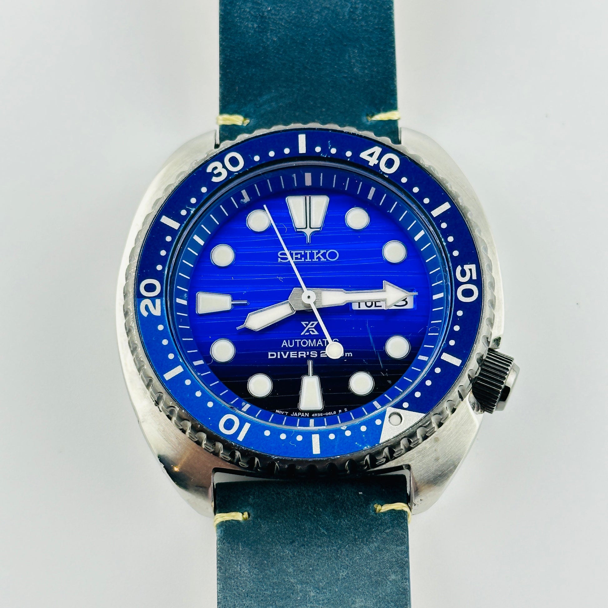 Seiko Prospex PADI Air Diver Ocean Special Edition 200m Automatic Watch with Custom Blue Leather strap