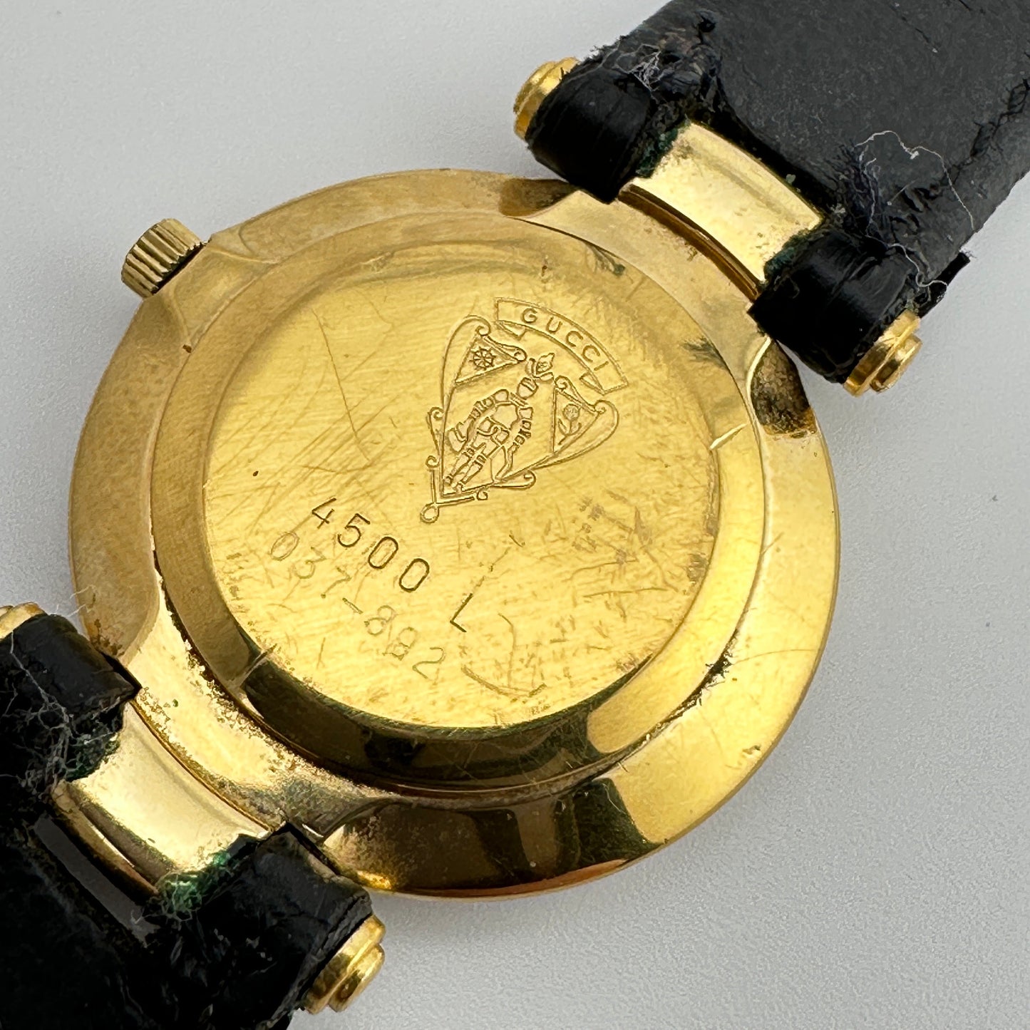 Vintage Gucci 18k Gold Plated Watch with Silver Dial and Leather Strap