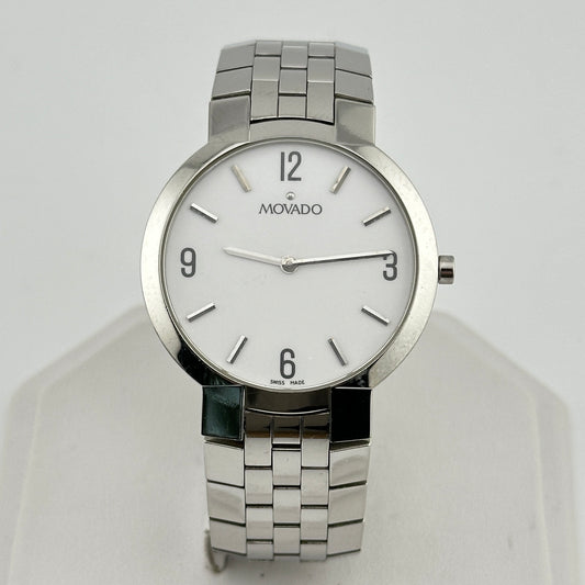 Movado Faceto White Dial Stainless Steel 35mm Midsized Wristwatch