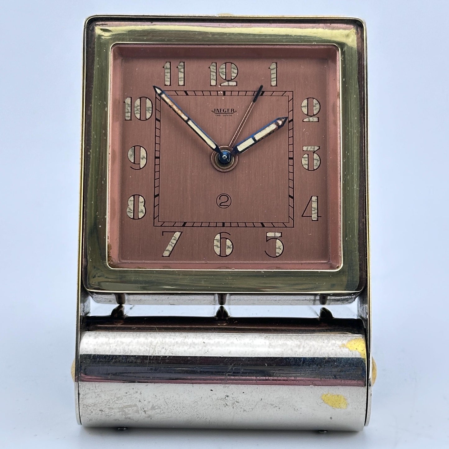 LeCoultre Art Deco Travel Alarm Clock, Rose Gold and Nickel c.1930