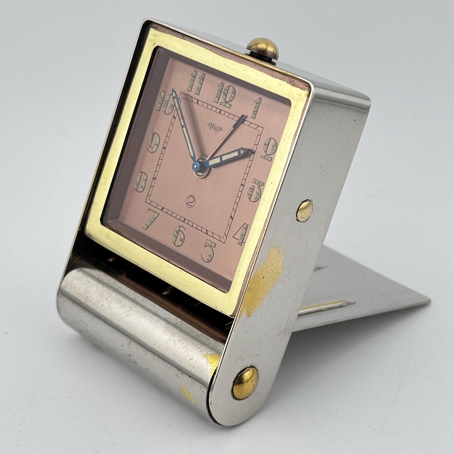 LeCoultre Art Deco Travel Alarm Clock, Rose Gold and Nickel c.1930