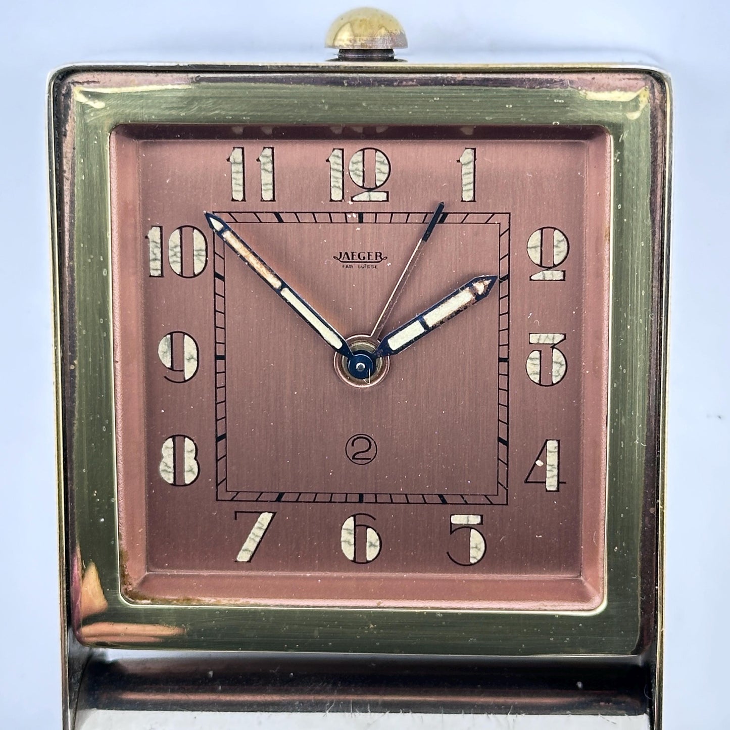 LeCoultre Art Deco Travel Alarm Clock, Rose Gold and Nickel c.1930