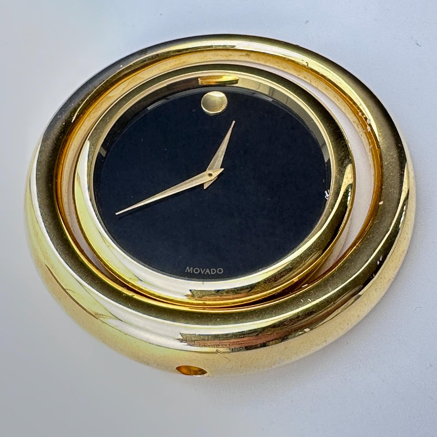 Movado Gold Museum Dial Desk Clock Under Glass Dome