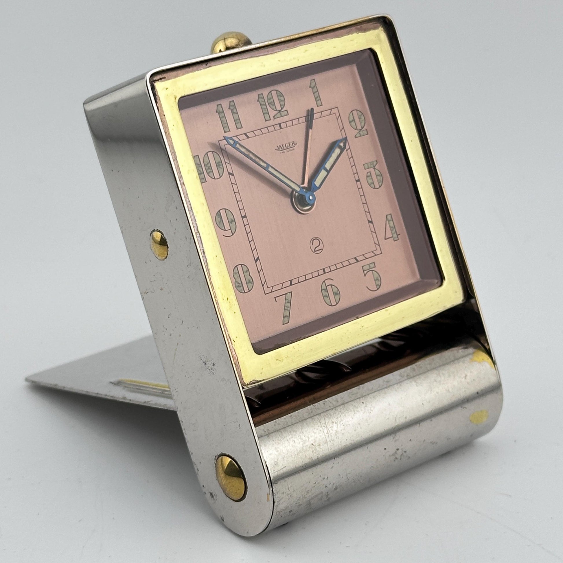 LeCoultre Art Deco Travel Alarm Clock, Rose Gold and Nickel c.1930