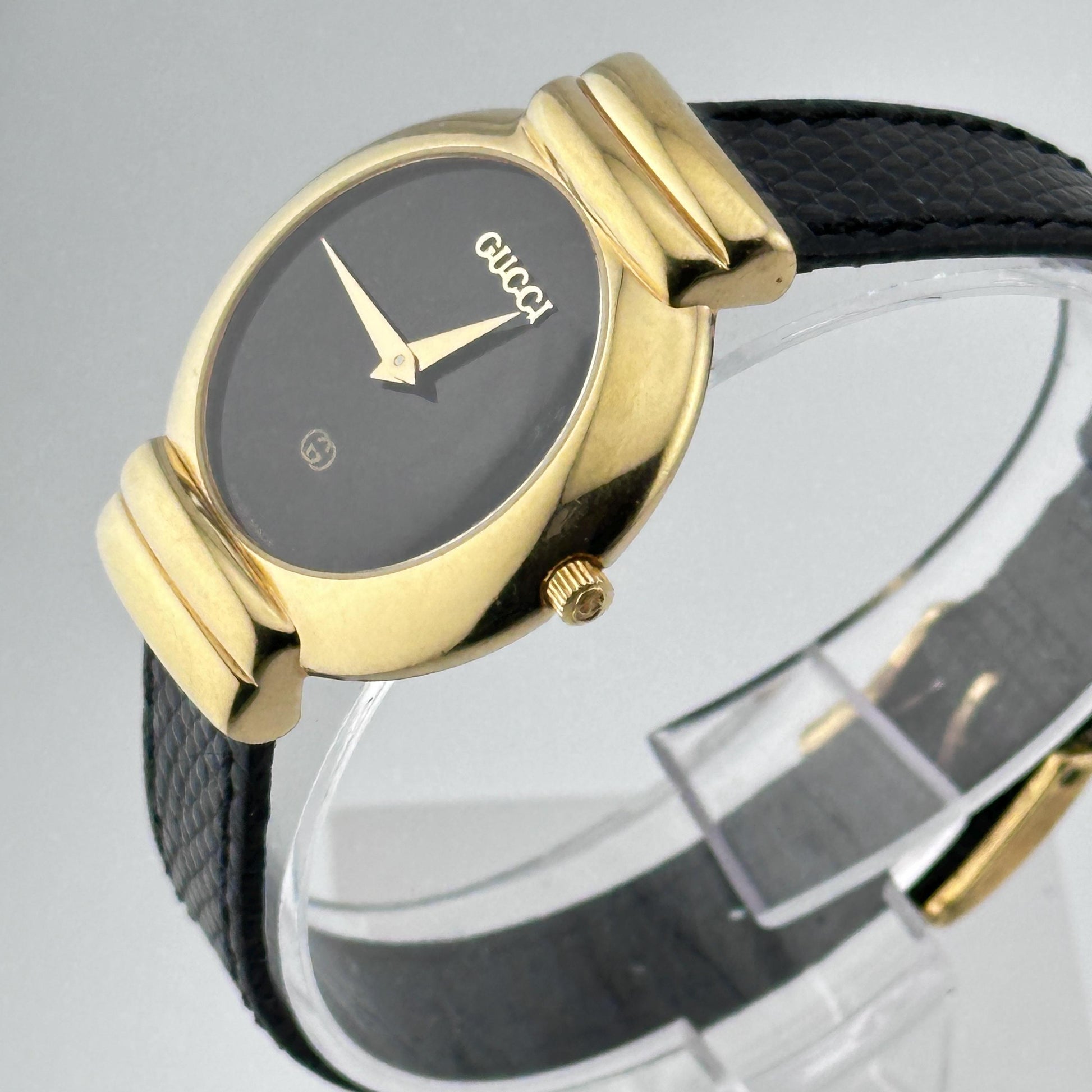 Gucci 14k Gold Plated with Black Dial and Leather Strap