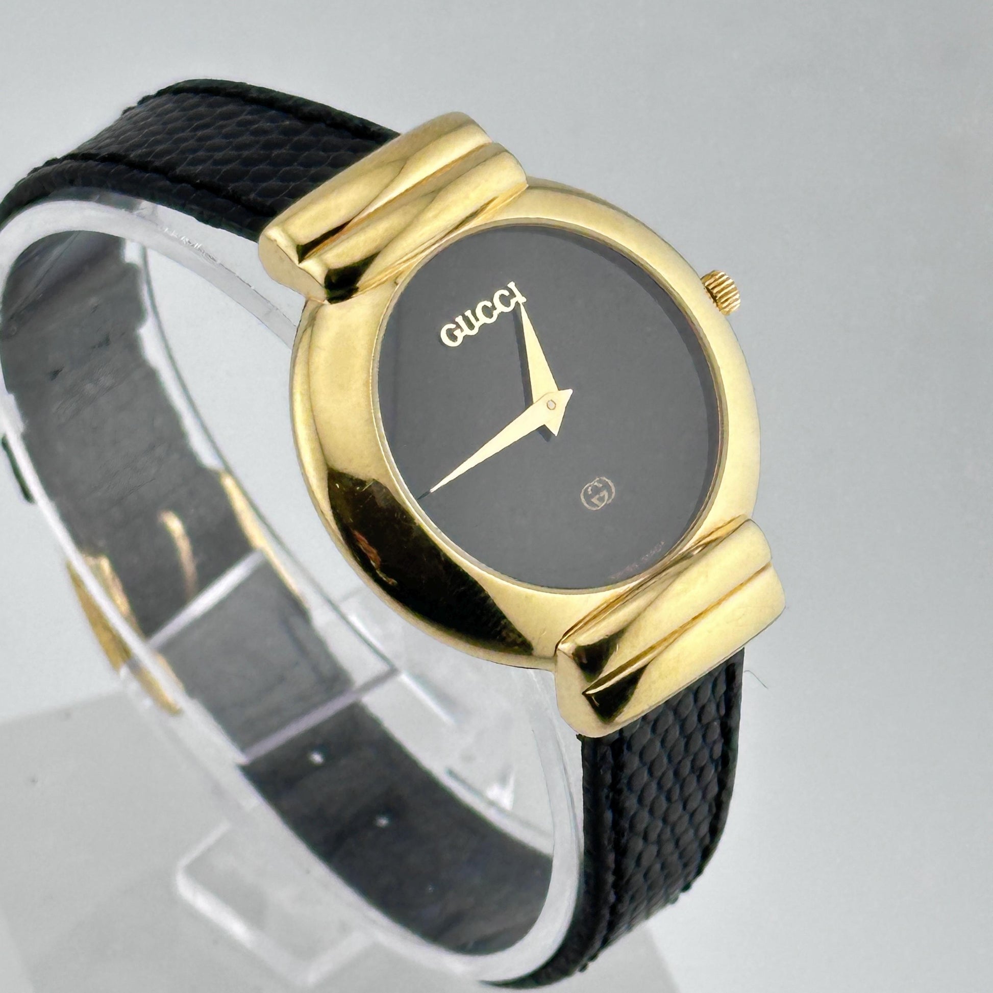 Gucci 14k Gold Plated with Black Dial and Leather Strap