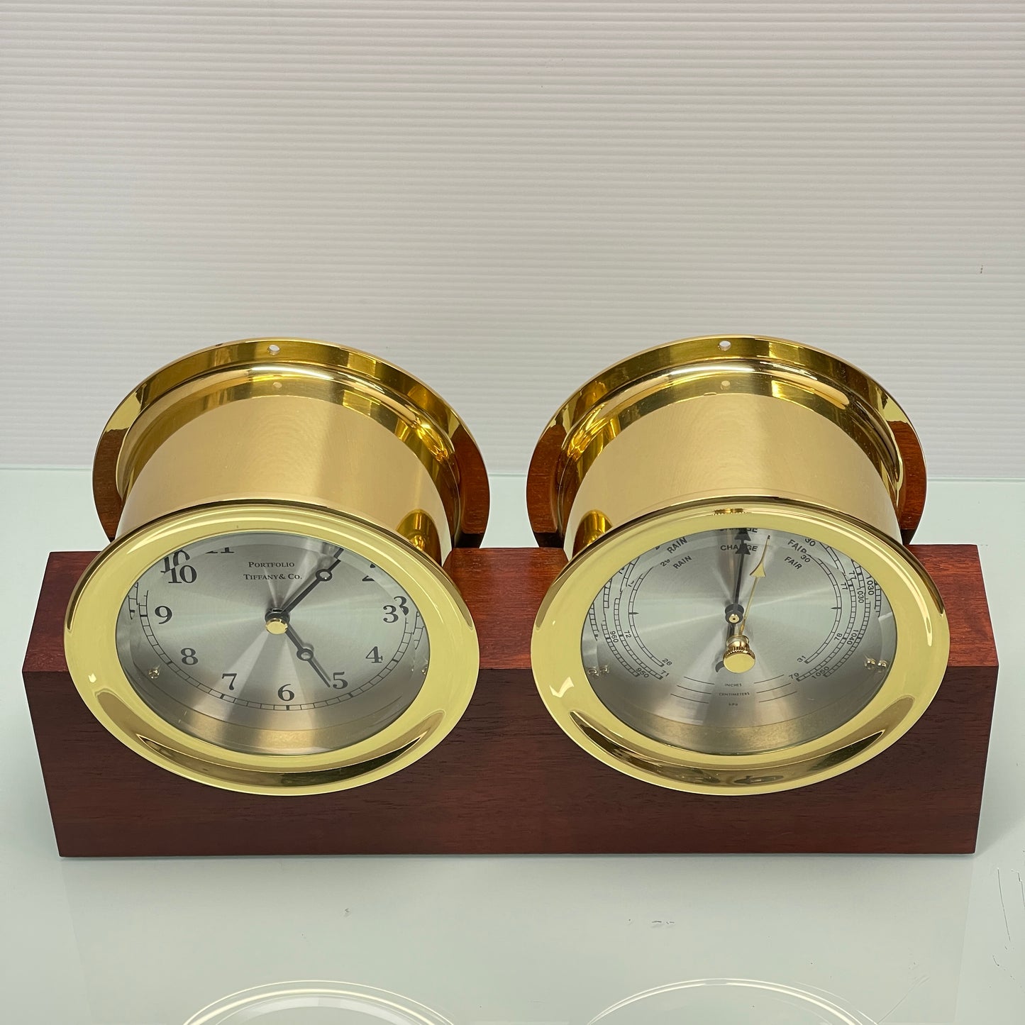 Tiffany & Co. Ship Clock and Barometer Set with Mahogany Base, Box, Bags and Warranty Booklet