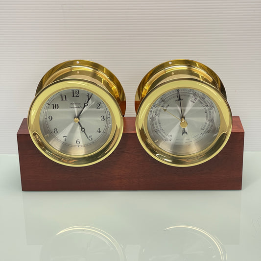 Tiffany & Co. Ship Clock and Barometer Set with Mahogany Base, Box, Bags and Warranty Booklet